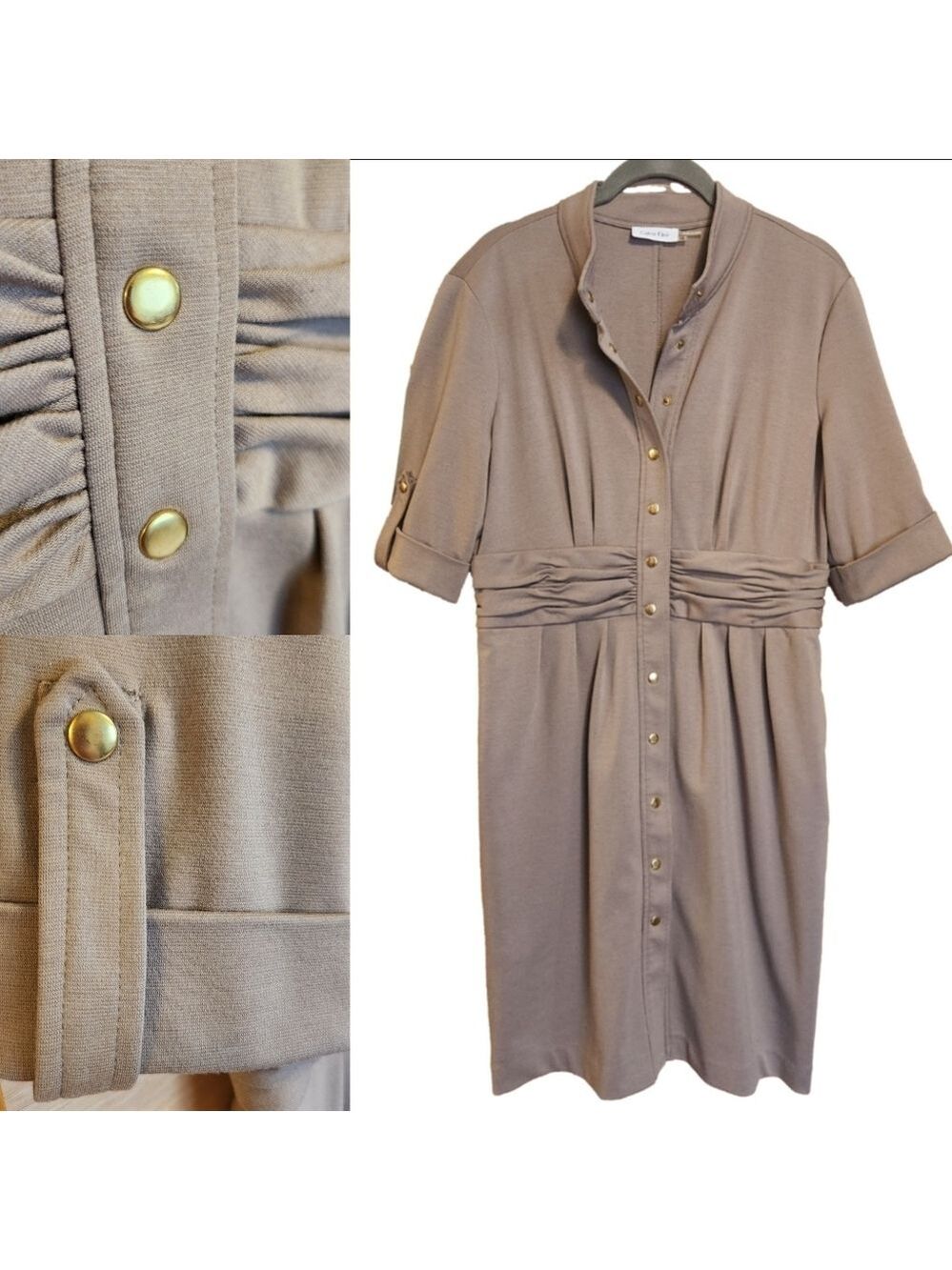 CALVIN KLEIN PONTE KNIT TAB SLEEVE SNAP UP MIDI SHIRT DRESS IN TAN SIZE 12 - Picture 3 of 7